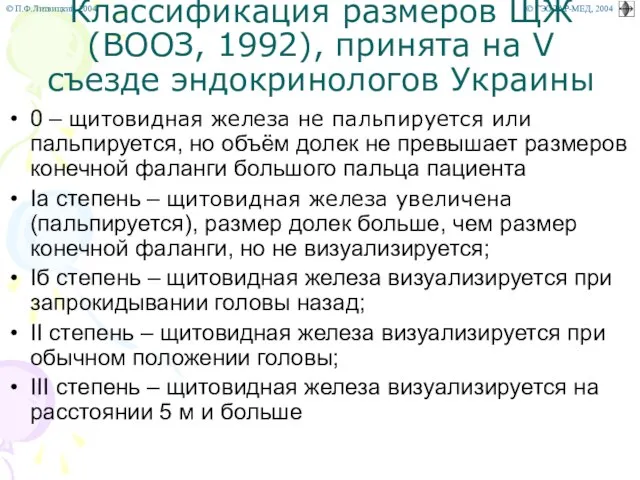 Классификация размеров ЩЖ (ВООЗ, 1992), принята на V съезде эндокринологов Украины