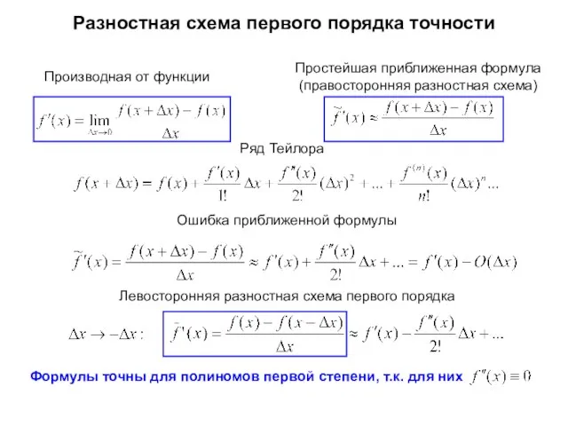 Разностная схема первого порядка точности Производная от функции Простейшая приближенная формула