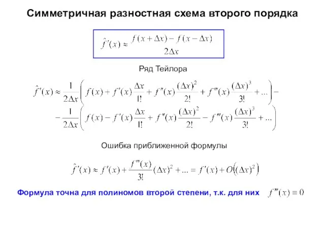 Симметричная разностная схема второго порядка Ряд Тейлора Ошибка приближенной формулы Формула