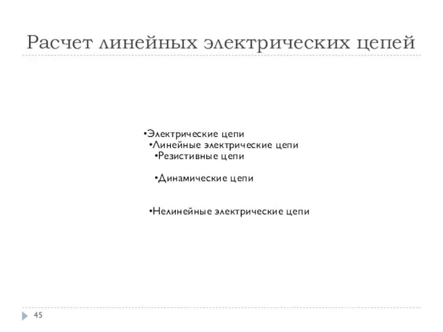 Расчет линейных электрических цепей Электрические цепи Линейные электрические цепи Резистивные цепи Динамические цепи Нелинейные электрические цепи