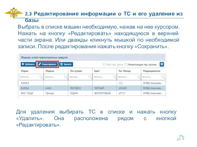 2.3 Редактирование информации о ТС и его удаление из базы Для