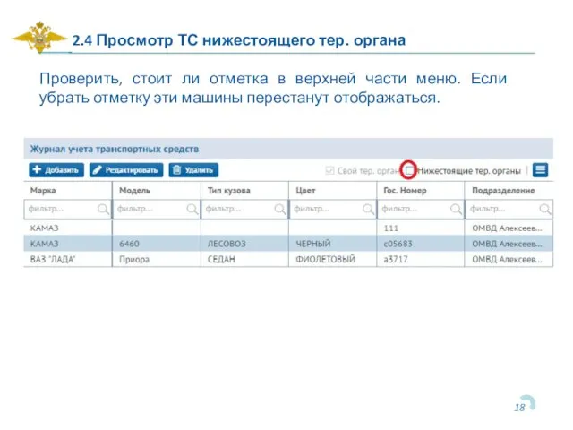 2.4 Просмотр ТС нижестоящего тер. органа Проверить, стоит ли отметка в