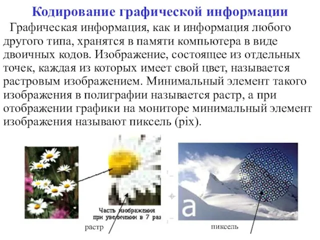 Кодирование графической информации Графическая информация, как и информация любого другого типа,