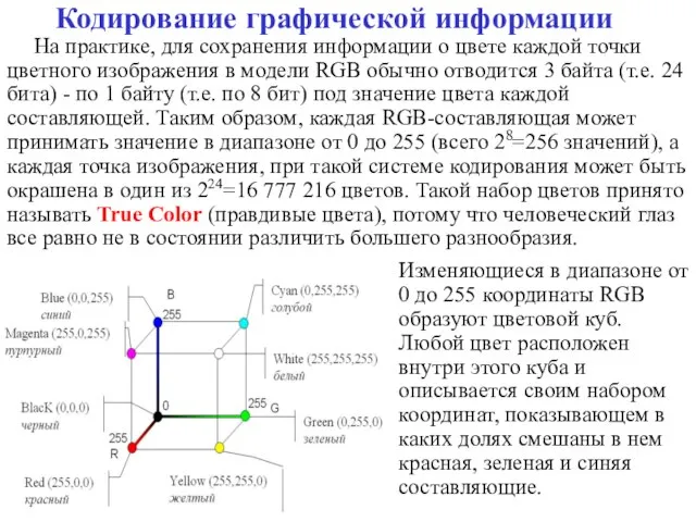 Кодирование графической информации На практике, для сохранения информации о цвете каждой