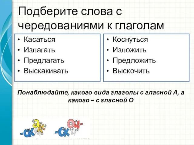 Подберите слова с чередованиями к глаголам Касаться Излагать Предлагать Выскакивать Коснуться