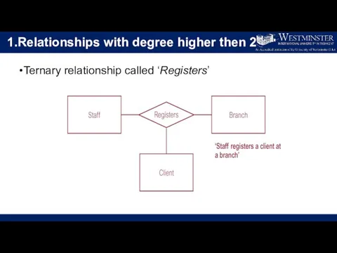 1.Relationships with degree higher then 2 Ternary relationship called ‘Registers’