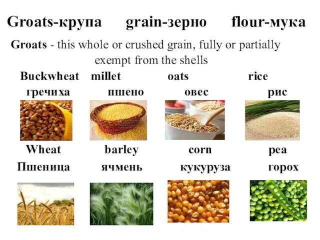 Groats-крупа grain-зерно flour-мука Groats - this whole or crushed grain, fully
