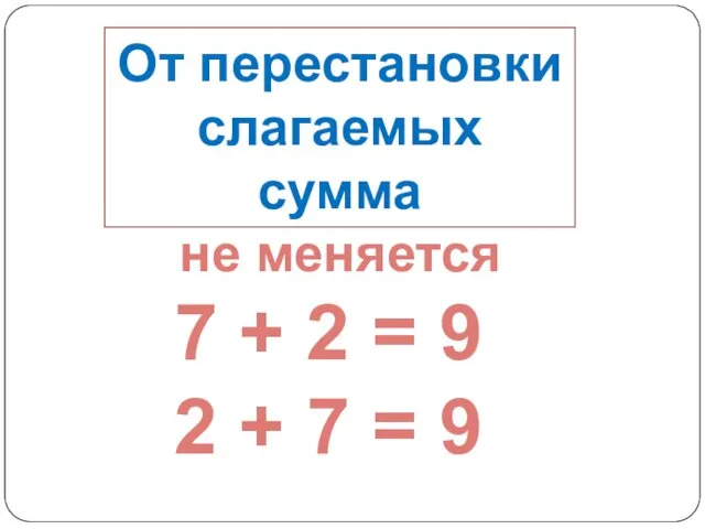 От перестановки слагаемых сумма не меняется 7 + 2 = 9 2 + 7 = 9