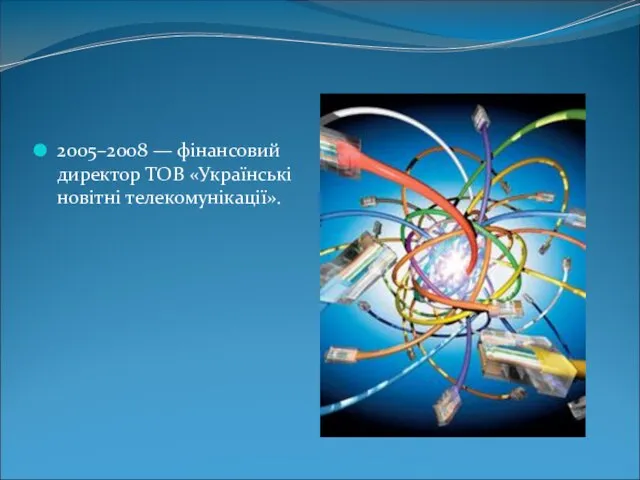 2005–2008 — фінансовий директор ТОВ «Українські новітні телекомунікації».