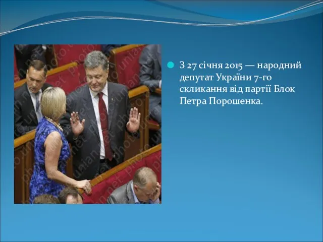 З 27 січня 2015 — народний депутат України 7-го скликання від партії Блок Петра Порошенка.