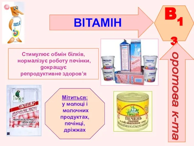 ВІТАМІН B13 оротова к-та Стимулює обмін білків, нормалізує роботу печінки, gокращує