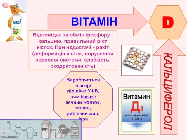 ВІТАМІН D КАЛЬЦИФЕРОЛ Відповідає за обмін фосфору і кальцию, правильний ріст