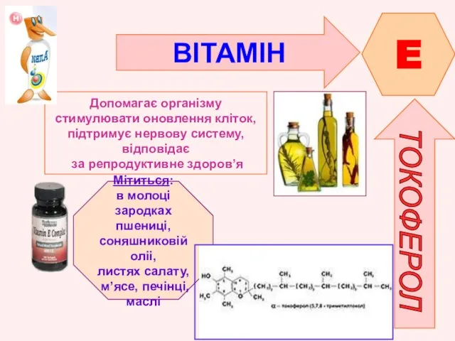 ВІТАМІН E ТОКОФЕРОЛ Допомагає організму стимулювати оновлення кліток, підтримує нервову систему,