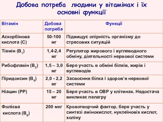 Добова потреба людини у вітамінах і їх основні функції