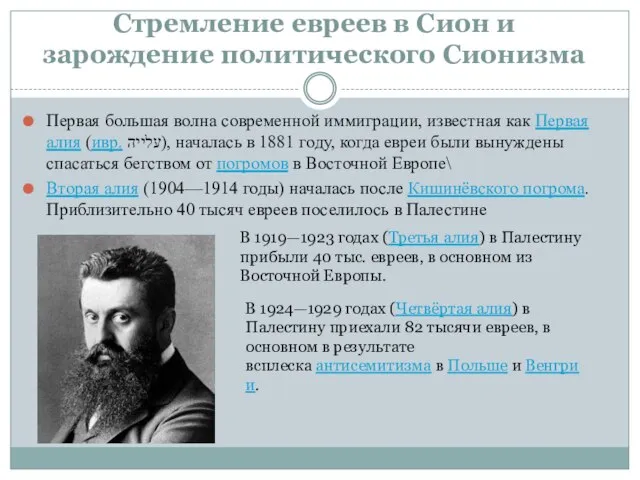 Стремление евреев в Сион и зарождение политического Сионизма Первая большая волна