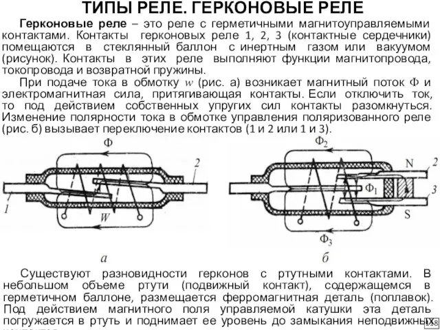 ТИПЫ РЕЛЕ. ГЕРКОНОВЫЕ РЕЛЕ Герконовые реле – это реле с герметичными