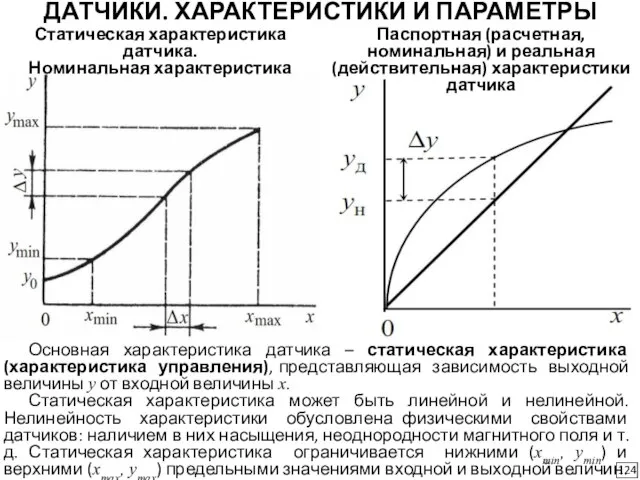 ДАТЧИКИ. ХАРАКТЕРИСТИКИ И ПАРАМЕТРЫ Статическая характеристика датчика. Номинальная характеристика Паспортная (расчетная,