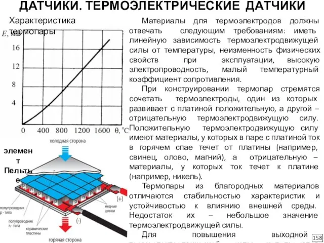 ДАТЧИКИ. ТЕРМОЭЛЕКТРИЧЕСКИЕ ДАТЧИКИ 158 Характеристика термопары Материалы для термоэлектродов должны отвечать