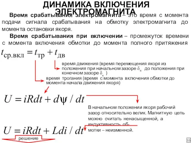 ДИНАМИКА ВКЛЮЧЕНИЯ ЭЛЕКТРОМАГНИТА 55 Время срабатывания электромагнита – это время с