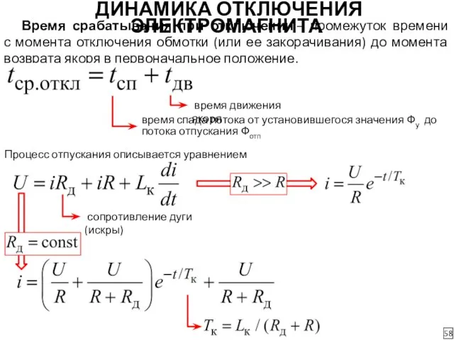 ДИНАМИКА ОТКЛЮЧЕНИЯ ЭЛЕКТРОМАГНИТА 58 Время срабатывания при отключении – промежуток времени