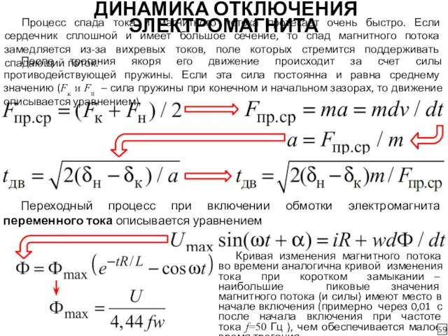 ДИНАМИКА ОТКЛЮЧЕНИЯ ЭЛЕКТРОМАГНИТА Процесс спада тока и магнитного потока протекает очень