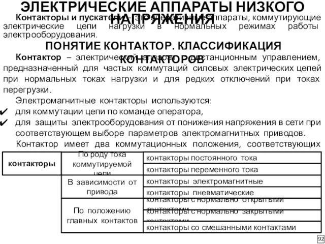 ЭЛЕКТРИЧЕСКИЕ АППАРАТЫ НИЗКОГО НАПРЯЖЕНИЯ 92 Контакторы и пускатели – это оперативные