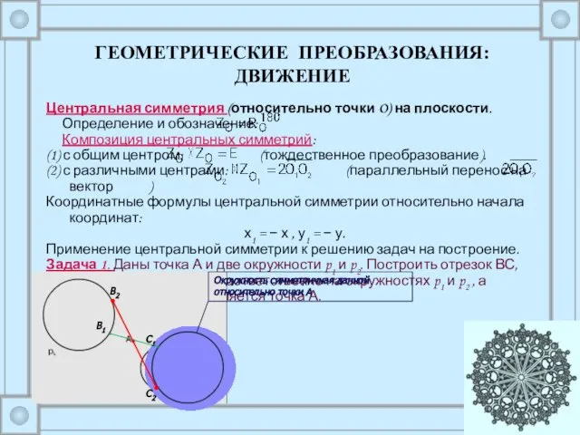 Центральная симметрия (относительно точки O) на плоскости. Определение и обозначение: Композиция