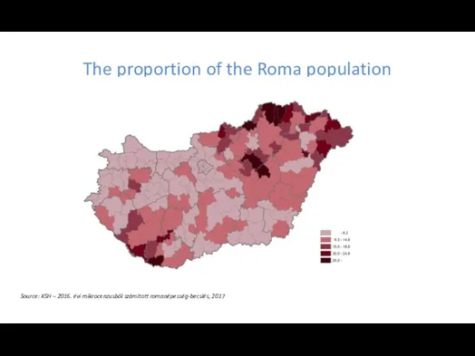 The proportion of the Roma population Source: KSH – 2016. évi mikrocenzusból számított romanépesség-becslés, 2017