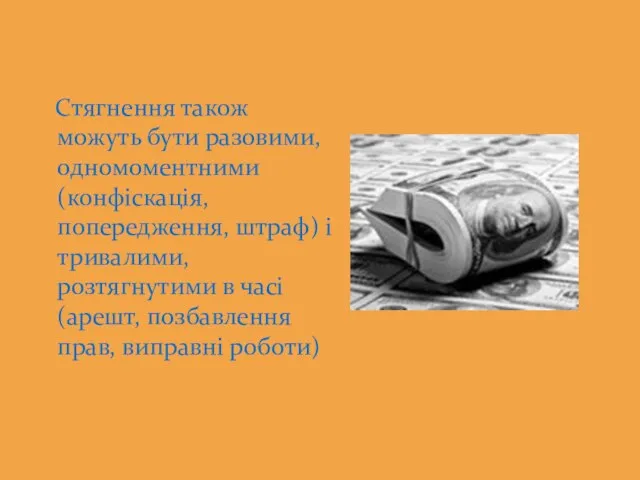 Стягнення також можуть бути разовими, одномоментними (конфіскація, попередження, штраф) і тривалими,