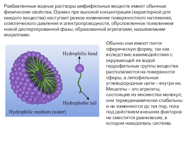 Разбавленные водные растворы амфифильных веществ имеют обычные физические свойства. Однако при