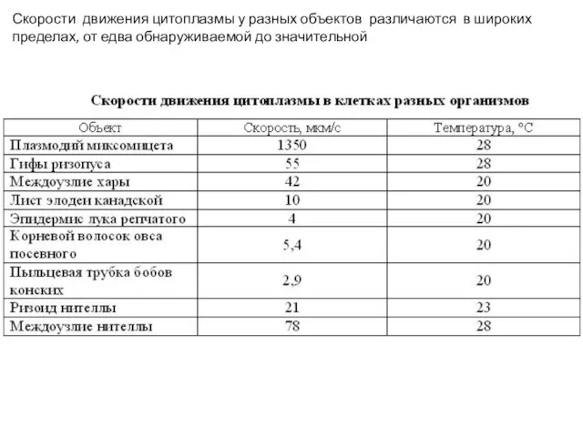 Скорости движения цитоплазмы у разных объектов различаются в широких пределах, от едва обнаруживаемой до значительной