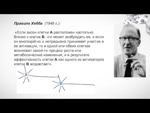 Правило Хебба (1949 г.): «Если аксон клетки А расположен настолько близко