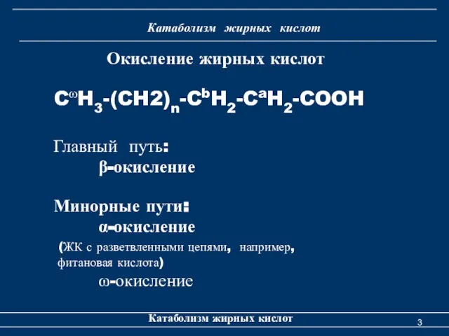 Катаболизм жирных кислот Окисление жирных кислот Катаболизм жирных кислот CωH3-(CH2)n-CbH2-CaH2-COOH Главный