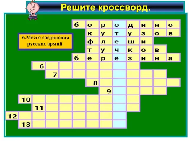 Решите кроссворд. 6.Место соединения русских армий.