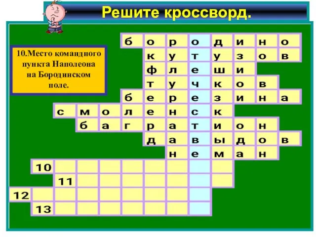 Решите кроссворд. 10.Место командного пункта Наполеона на Бородинском поле.