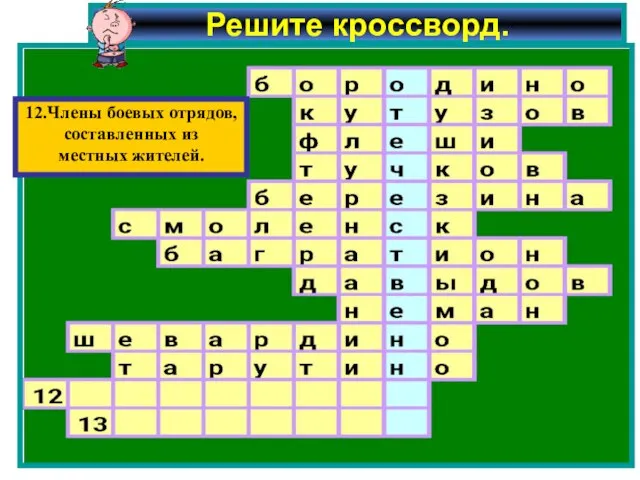 Решите кроссворд. 12.Члены боевых отрядов, составленных из местных жителей.