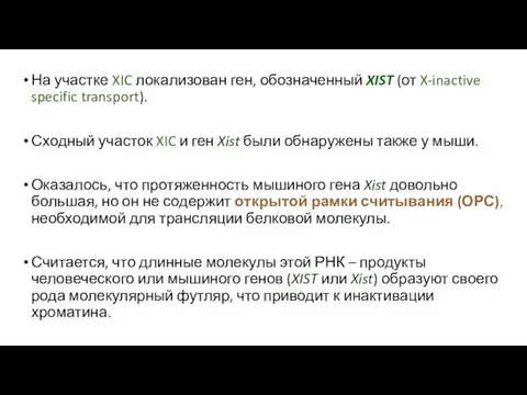 На участке XIC локализован ген, обозначенный XIST (от X-inactive specific transport).