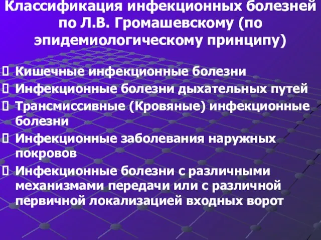 Классификация инфекционных болезней по Л.В. Громашевскому (по эпидемиологическому принципу) Кишечные инфекционные