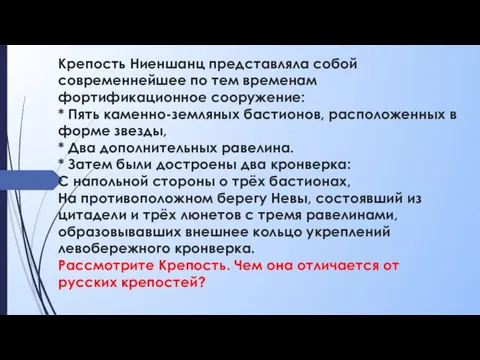 Крепость Ниеншанц представляла собой современнейшее по тем временам фортификационное сооружение: *