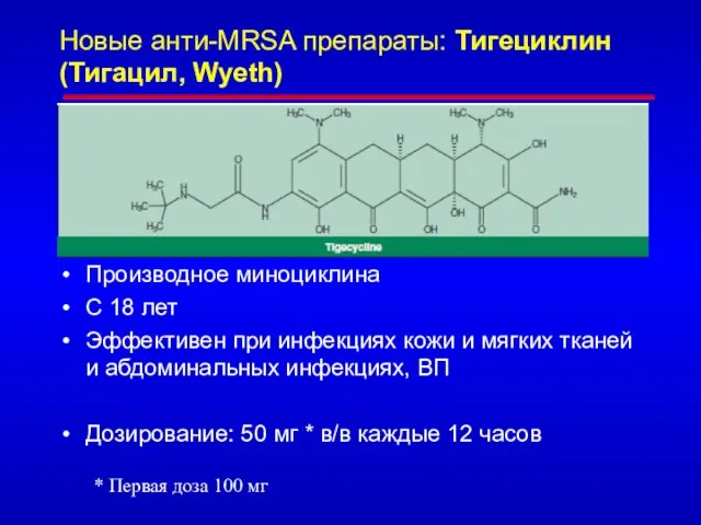 Новые анти-MRSA препараты: Тигециклин (Тигацил, Wyeth) Производное миноциклина С 18 лет