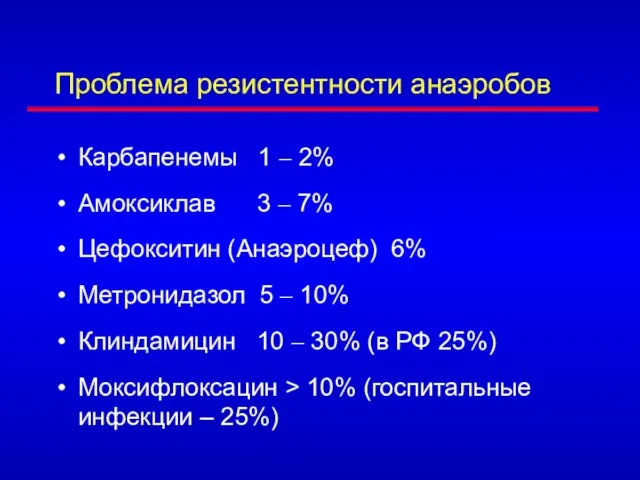 Проблема резистентности анаэробов Карбапенемы 1 – 2% Амоксиклав 3 – 7%