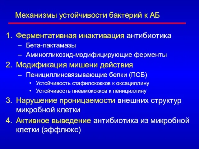 Механизмы устойчивости бактерий к АБ Ферментативная инактивация антибиотика Бета-лактамазы Аминогликозид-модифицирующие ферменты