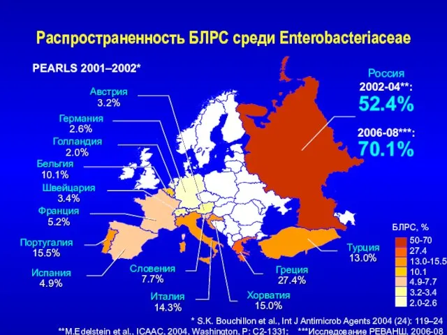 Распространенность БЛРС среди Enterobacteriaceae * S.K. Bouchillon et al., Int J