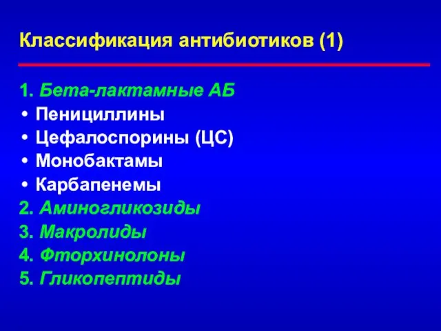 Классификация антибиотиков (1) 1. Бета-лактамные АБ Пенициллины Цефалоспорины (ЦС) Монобактамы Карбапенемы