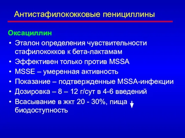 Антистафилококковые пенициллины Оксациллин Эталон определения чувствительности стафилококков к бета-лактамам Эффективен только