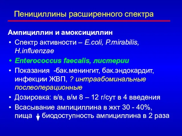 Пенициллины расширенного спектра Ампициллин и амоксициллин Спектр активности – E.coli, P.mirabilis,