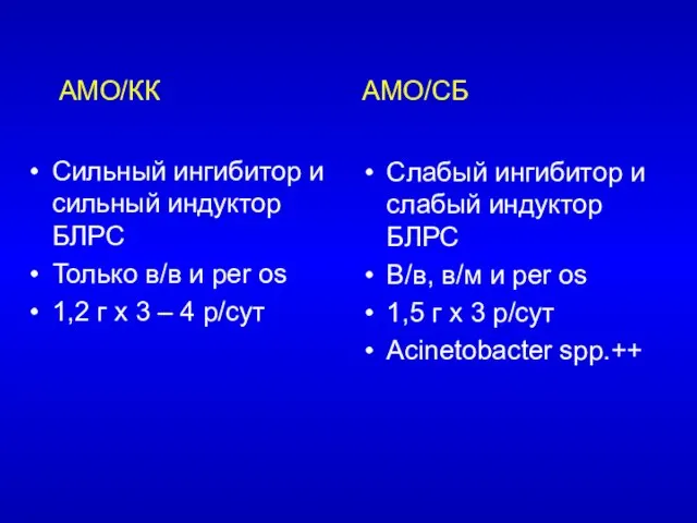 АМО/КК АМО/СБ Сильный ингибитор и сильный индуктор БЛРС Только в/в и