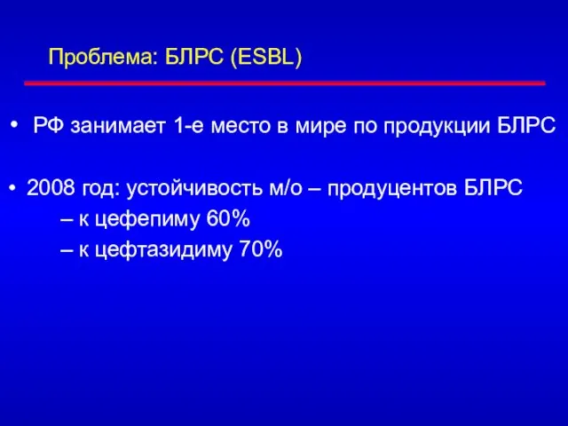 Проблема: БЛРС (ESBL) РФ занимает 1-е место в мире по продукции