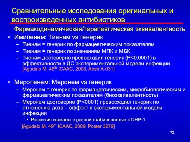 Сравнительные исследования оригинальных и воспроизведенных антибиотиков Фармакодинамическая/терапевтическая эквивалентность Имипенем: Тиенам vs