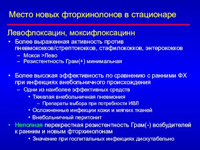 Место новых фторхинолонов в стационаре Левофлоксацин, моксифлоксацинн Более выраженная активность против